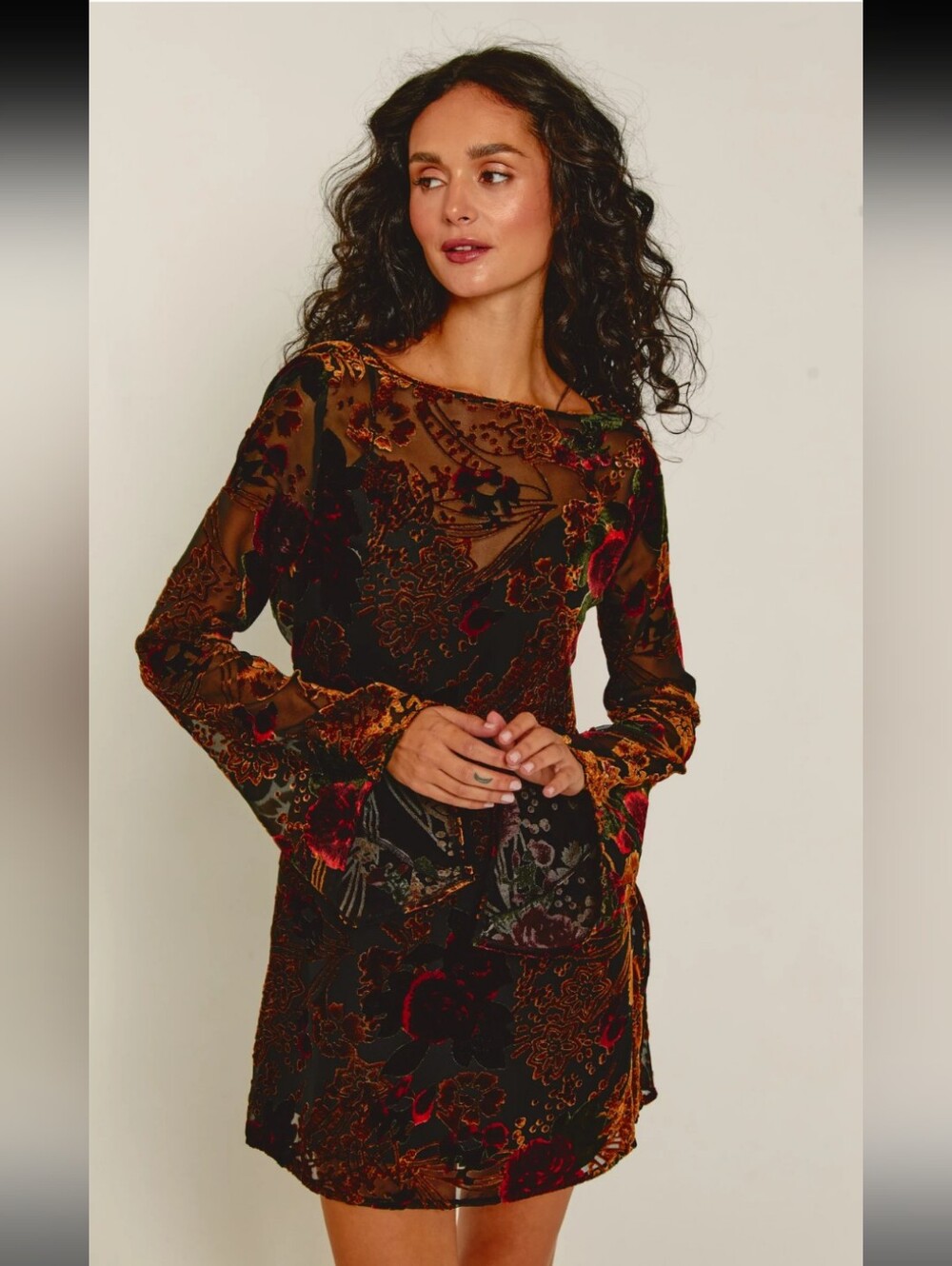 Rare London Burnout Velvet Floral Long Sleeve Mini Dress 4